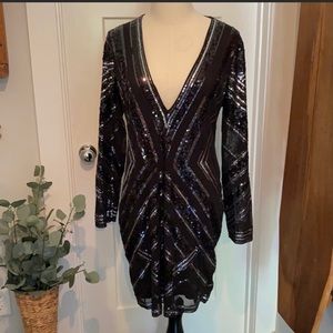 Express black sheer & sequins long sleeve dress